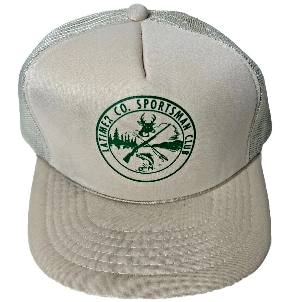 Vintage Tan Latimer County Sportsman Club Trucker Hat Snap Back Headwear Cap